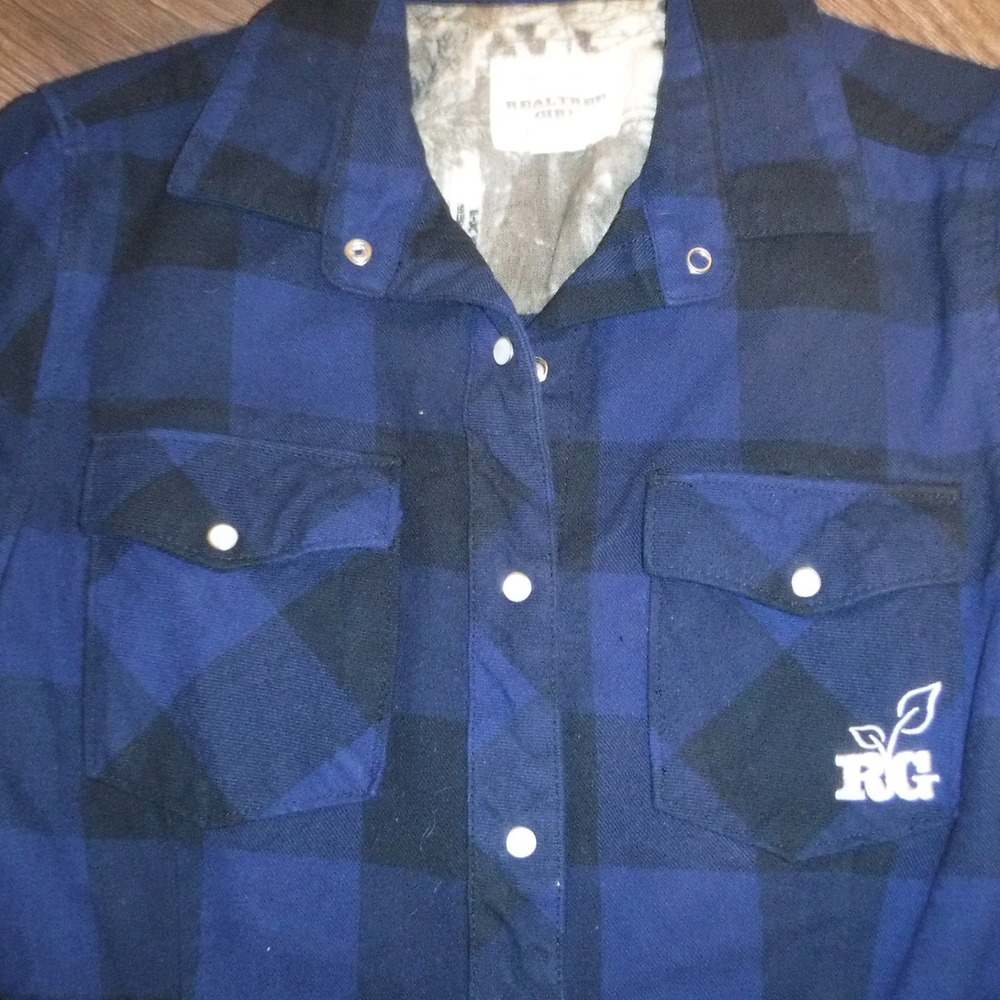 Realtree‎ Girl Plaid Western Pearl Shirt Snap Button Front Blue Black Medium - Picture 3 of 4